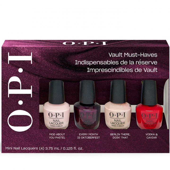 opi vault must-haves 4-piece mini nail polish set in glossy pastel pink, wine plum, taupe beige and classic red shades