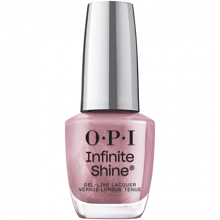 Nail polish in deep purple with icy silver shimmer – OPI Infinite Shine Sheen''s All That, for an elegant nail look.