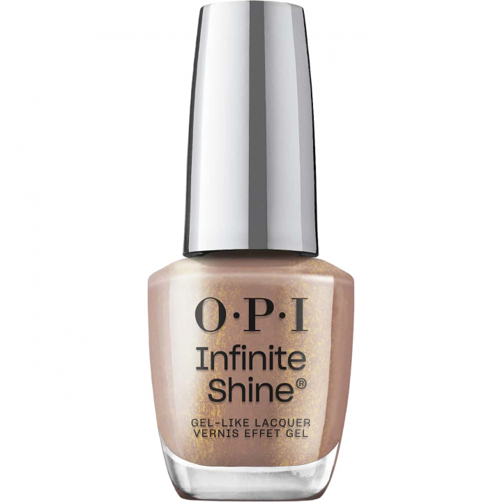 OPI Infinite Shine Track Suited Cutie nail polish taupe with golden shimmer for elegant on-trend look