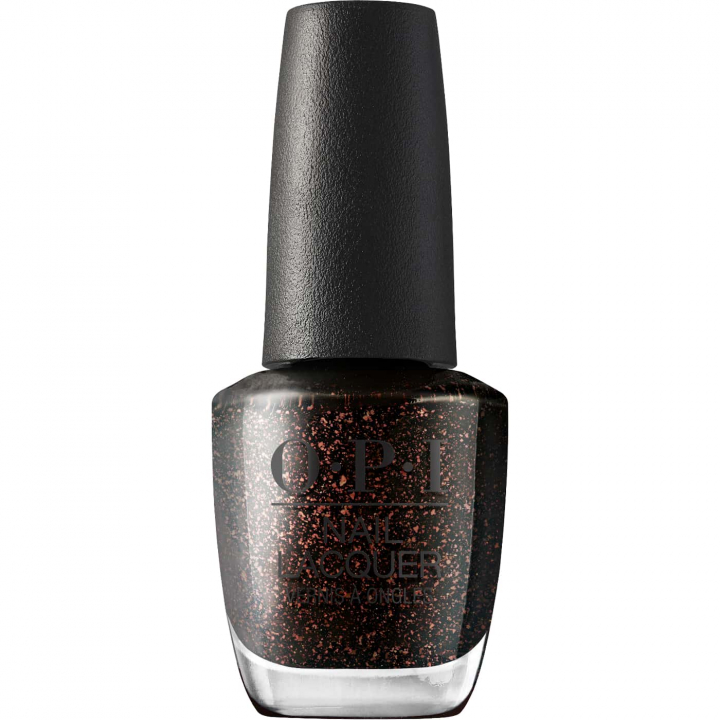 OPI Grunge Queen – black nail polish with copper glitter tones adding drama and glamour for nights and parties