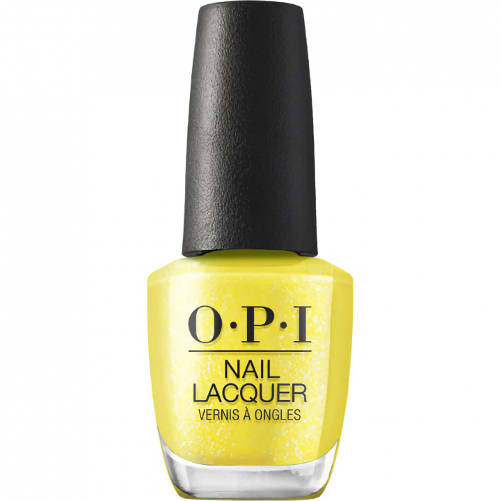sunny yellow shimmer shade with radiant sparkle opi trip to the brite side paintin'' on sunshine! yellow nail polish with silver shimmer and radiant finish
