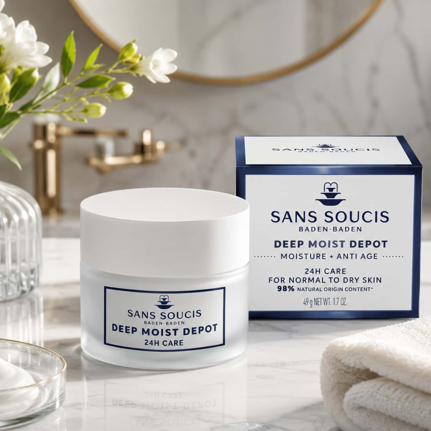 Sans Soucis Deep Moist Depot 24H Care jar and packaging in an elegant bathroom setting