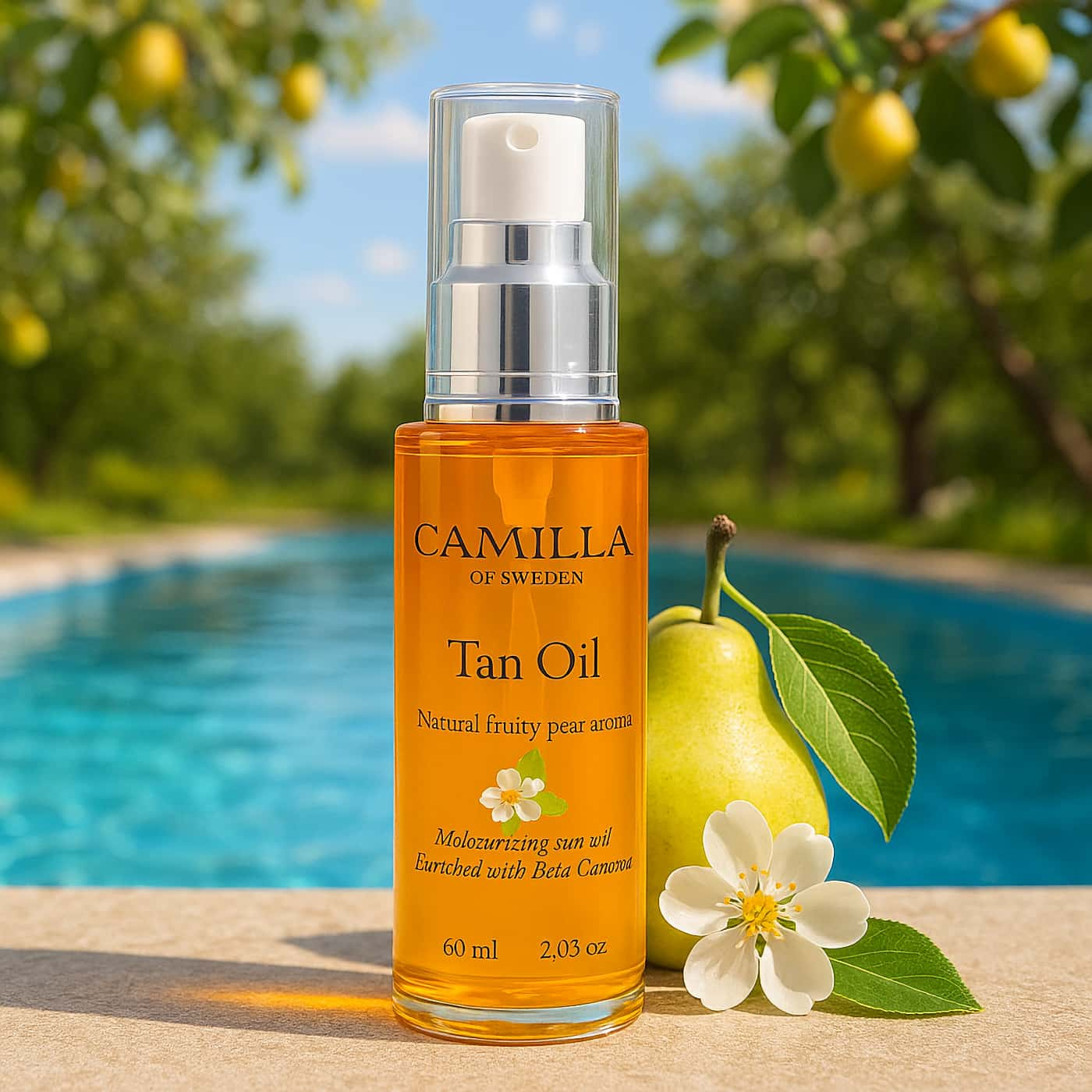 Camilla of Sweden Tan Oil Fruity Pear – nourishing sun oil with pear fragrance and natural oils