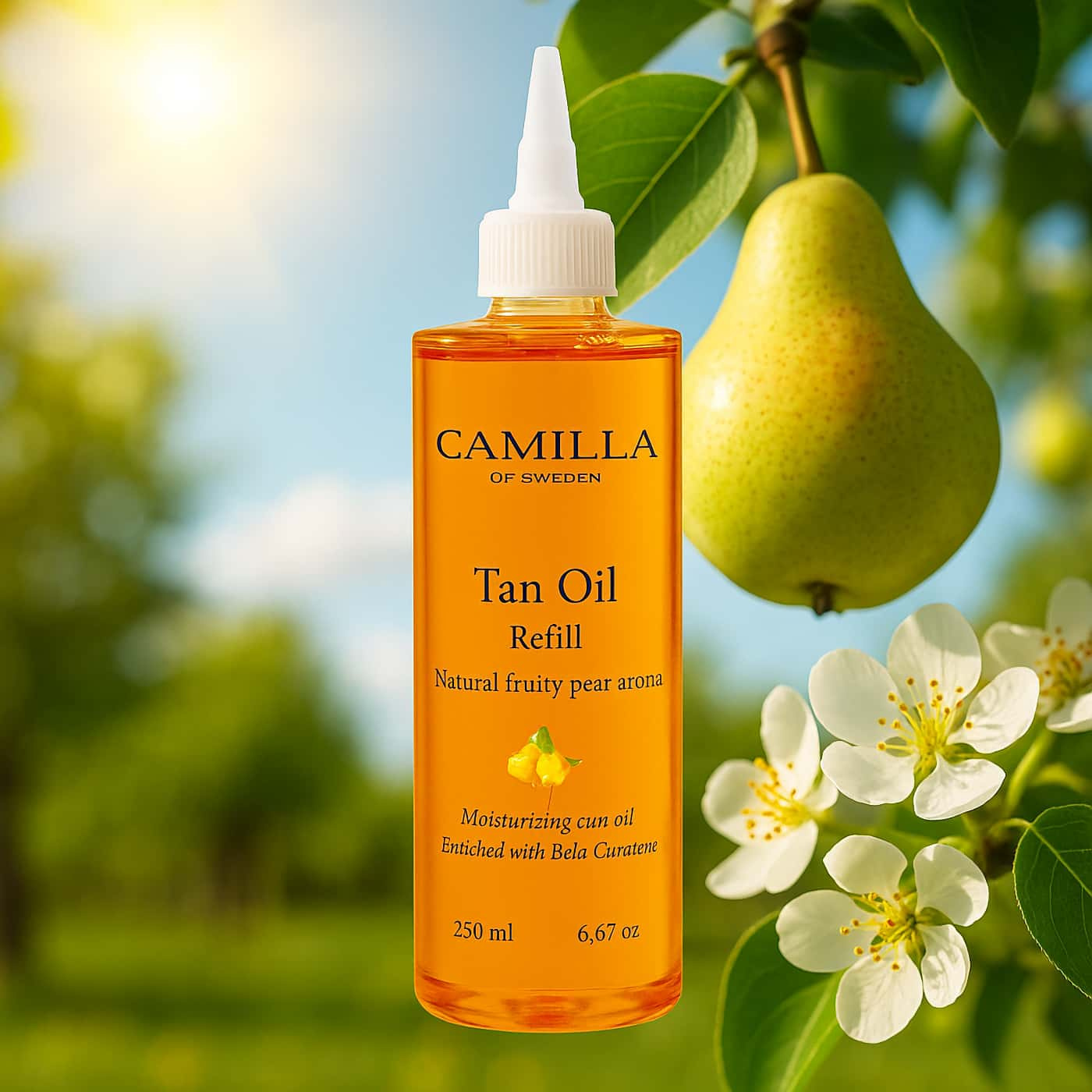 Camilla of Sweden Tan Oil Refill Fruity Pear moisturizing sun oil with beta-carotene and natural pear aroma