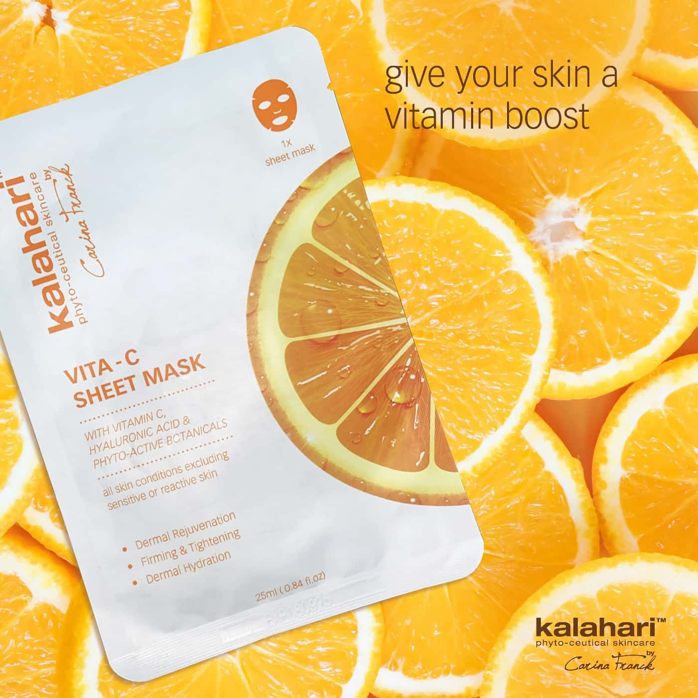 Revitalizing Kalahari Vitamin C sheet mask - brightens, hydrates, and rejuvenates skin, suitable for all skin types
