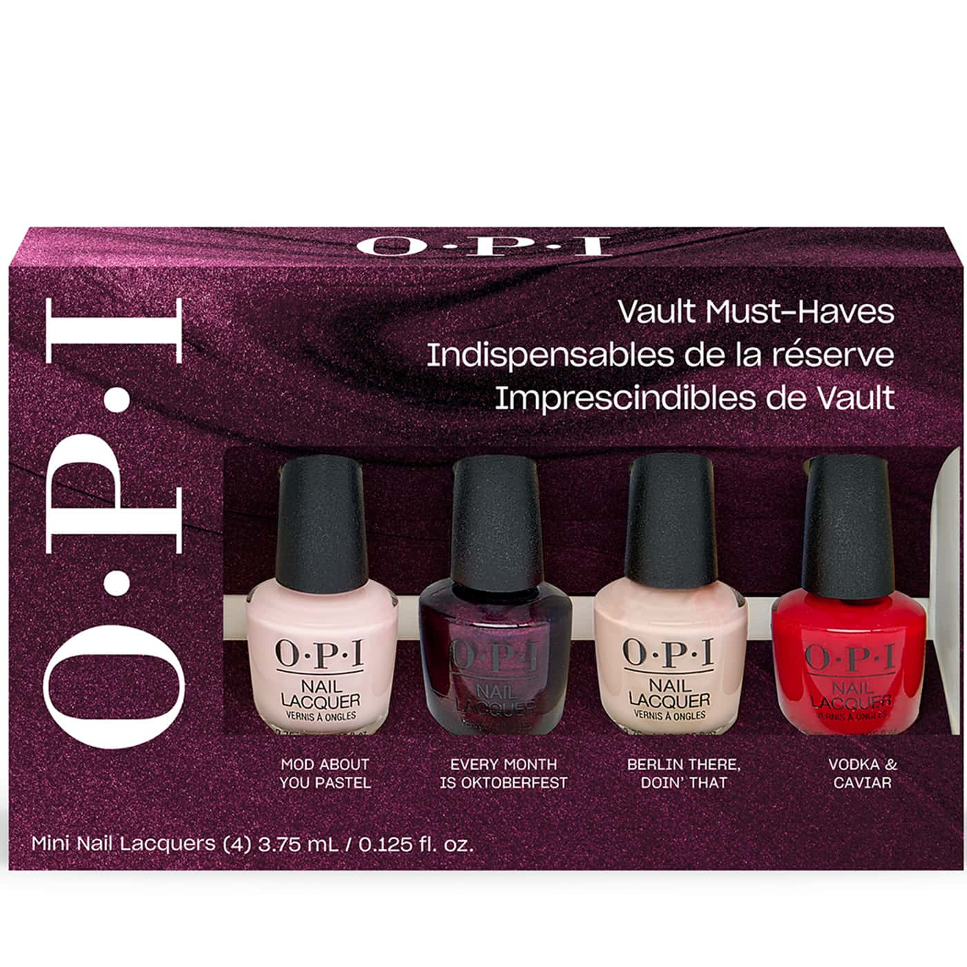 opi vault must-haves 4-piece mini nail polish set in glossy pastel pink, wine plum, taupe beige and classic red shades