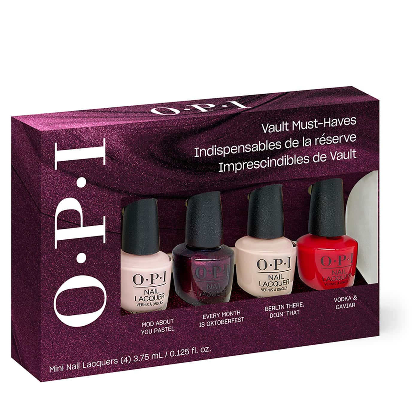 opi vault must-haves 4-piece mini nail polish set in glossy pastel pink, wine plum, taupe beige and classic red shades