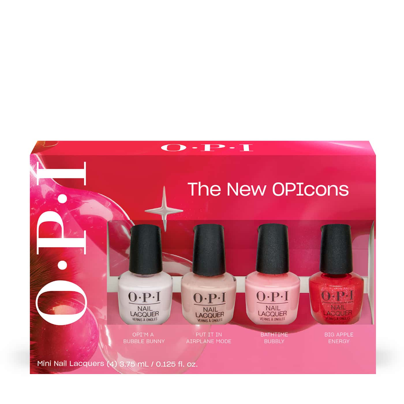 OPI The New OPIcons mini nail lacquer set featuring four iconic shades OPI’m a Bubble Bunny Put It In Airplane Mode Bathtime Bubbly Big Apple Energy