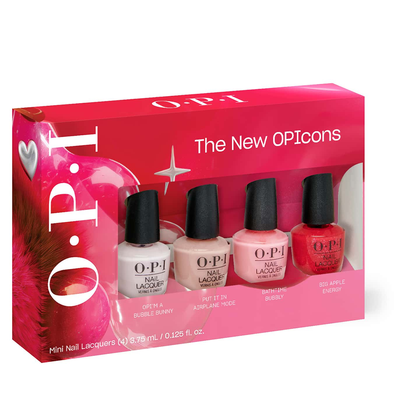 OPI The New OPIcons mini nail lacquer set featuring four iconic shades OPI’m a Bubble Bunny Put It In Airplane Mode Bathtime Bubbly Big Apple Energy