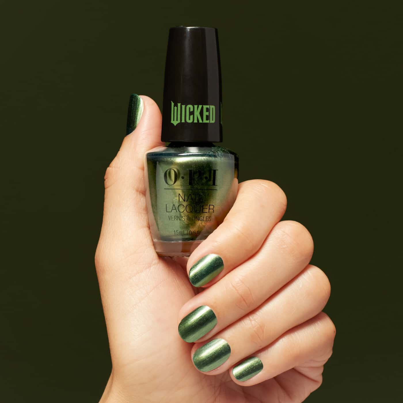 OPI Wicked Ozitively Elphaba - green shade with gold pearlescence, perfect for a bold and eye-catching manicure