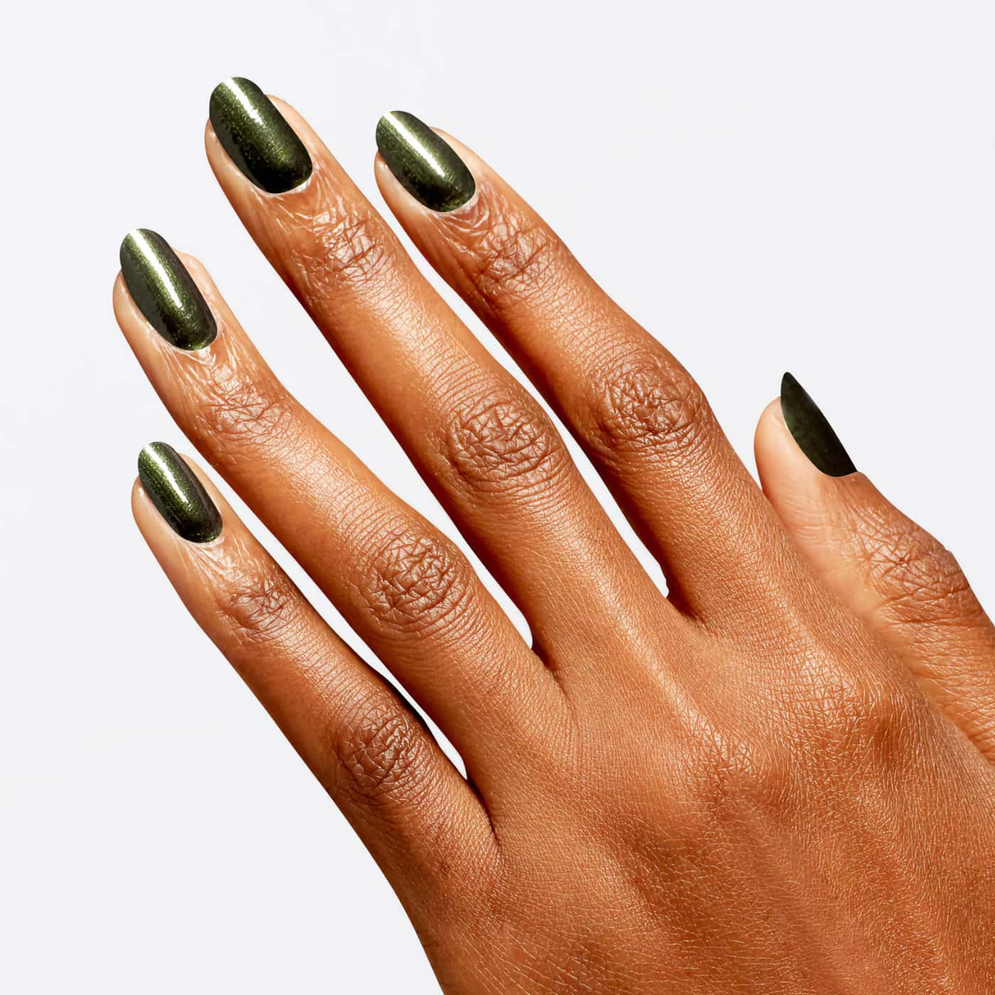 Olive green nail polish with subtle bronze shimmer from OPI Wicked collection, ideal for a modern and sophisticated look.