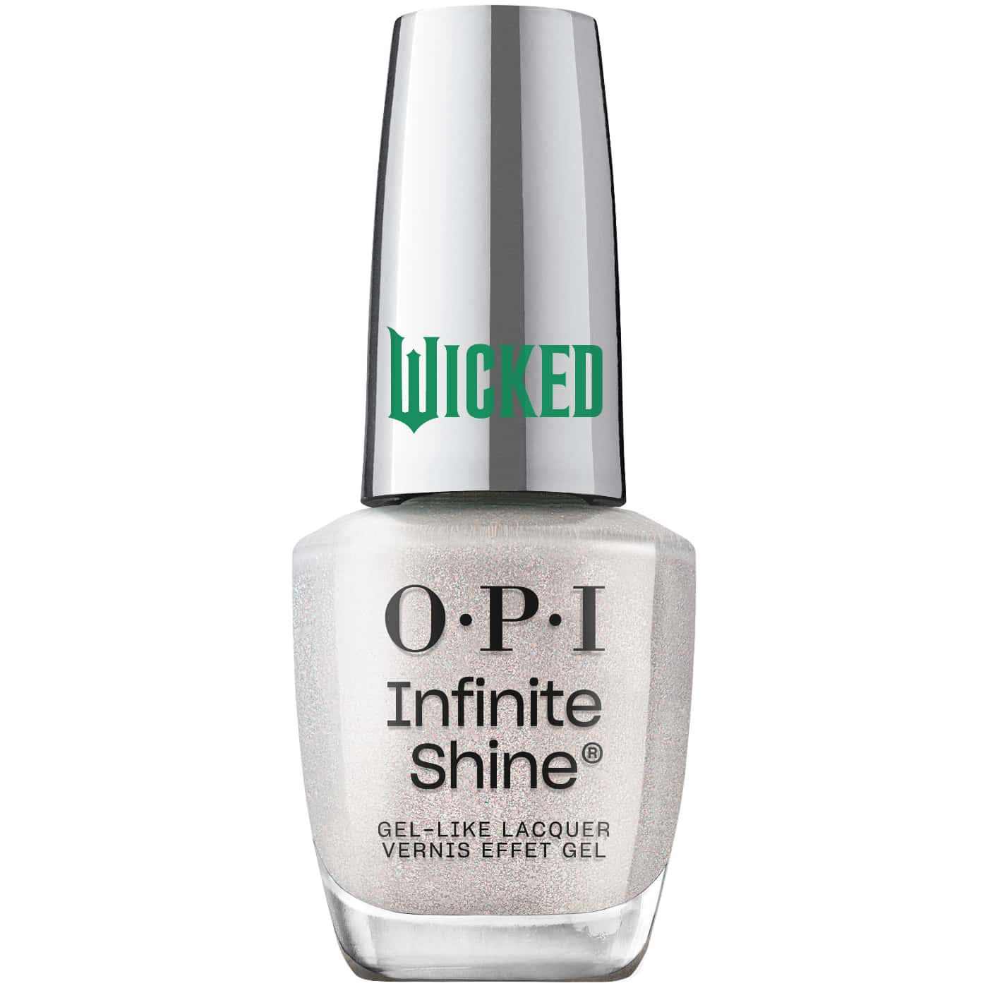 Sheer nail polish with blue, green, and silver glitter from OPI Wicked collection, ideal for a shimmering, magical look.