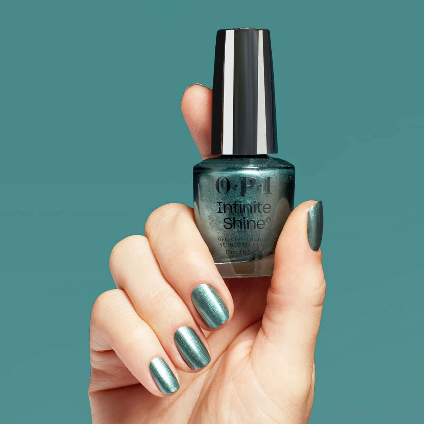 Nail polish in metallic green shade with subtle shimmer – OPI Infinite Shine Cos-mo Money, for a modern and stylish look.