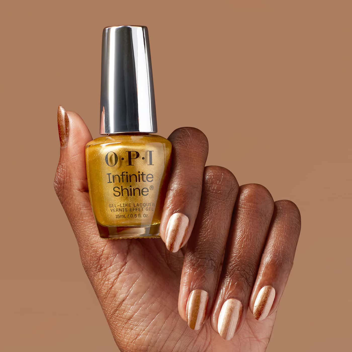 Metallic gold nail polish by OPI Infinite Shine – 2000 Karats for a luxurious and radiant look