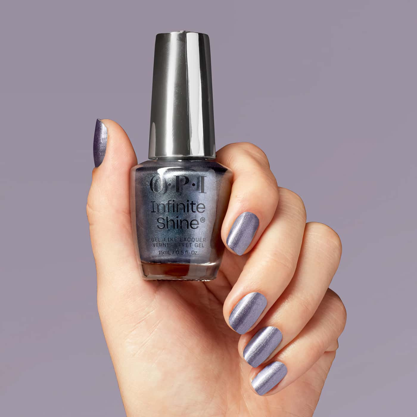 Nail polish in metallic gray-purple shade with subtle shimmer – OPI Infinite Shine Funmetal, for a futuristic and sophisticated look.