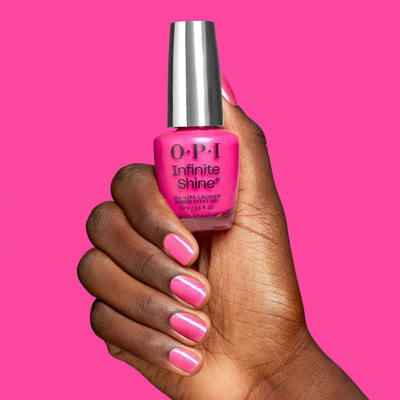 pink nail polish opi infinite shine im not really an influencer with shimmer finish