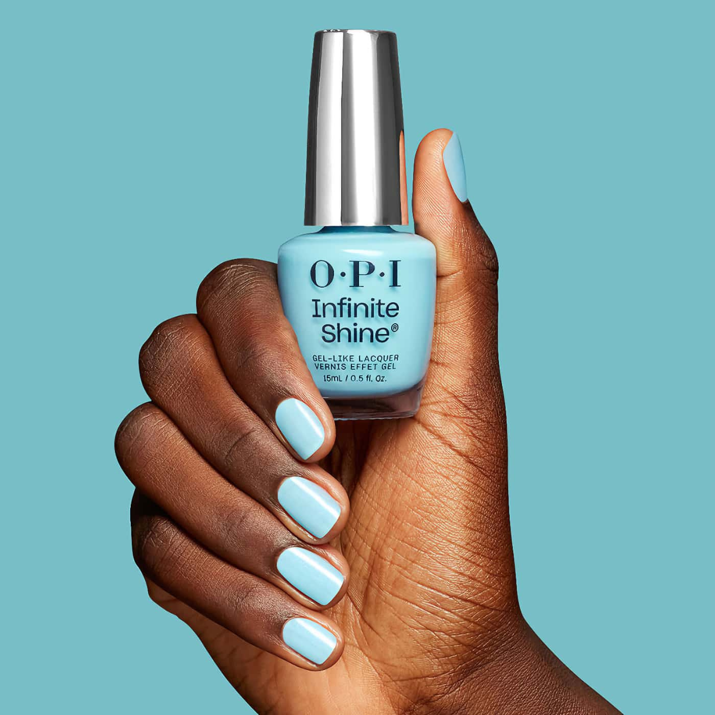 light aqua blue nail polish opi infinite shine sea me now smooth finish with ultra fine shimmer
