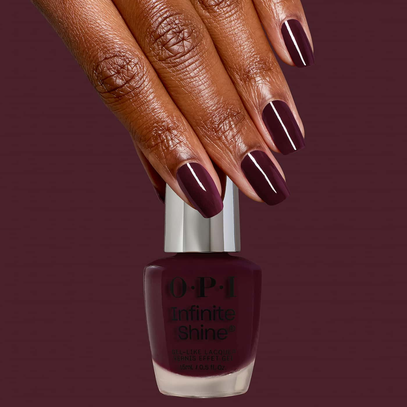 dark burgundy opi infinite shine mrs. o’leary’s bbq nail polish with creme finish