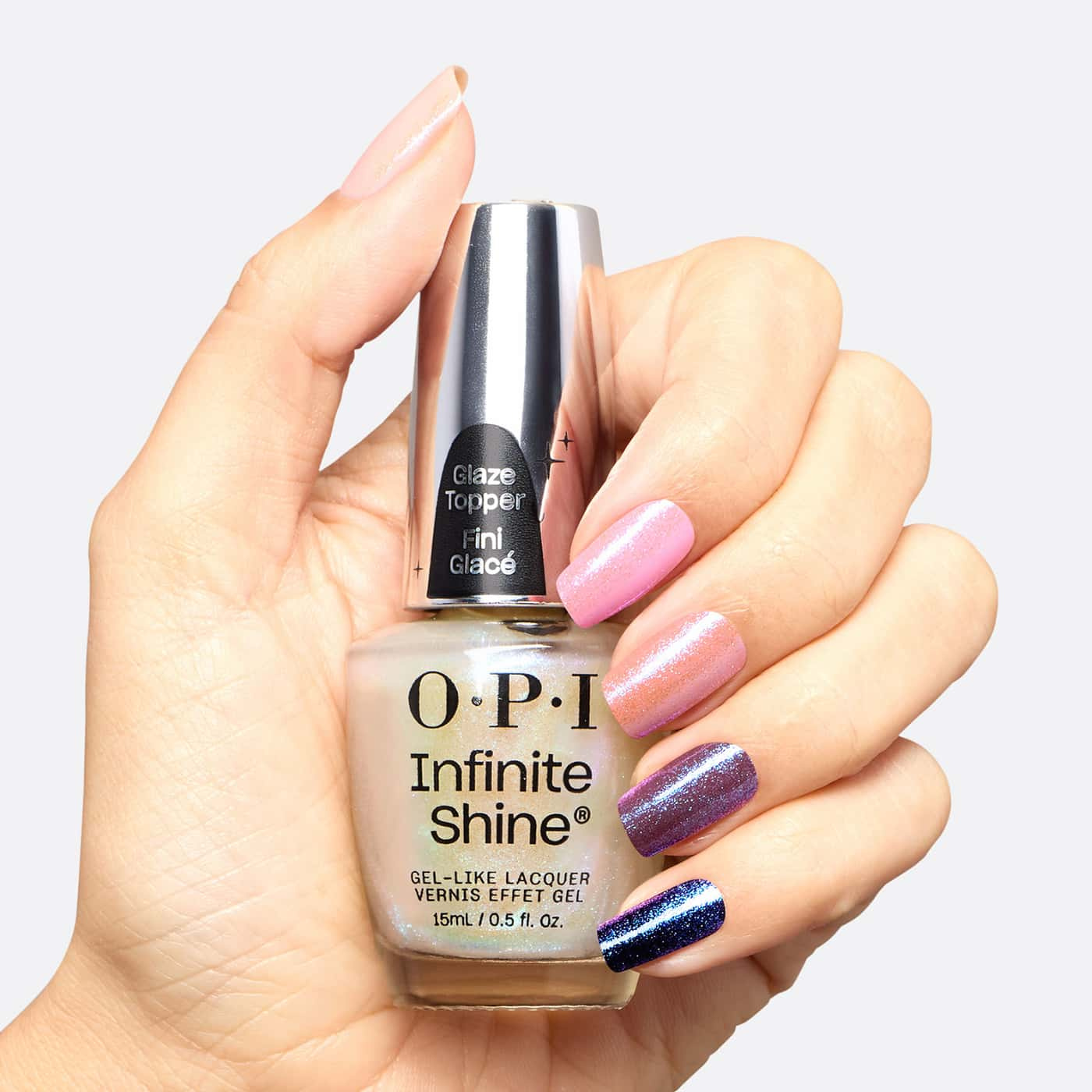 blue opi infinite shine holo and behold glaze topper with iridescent shimmer