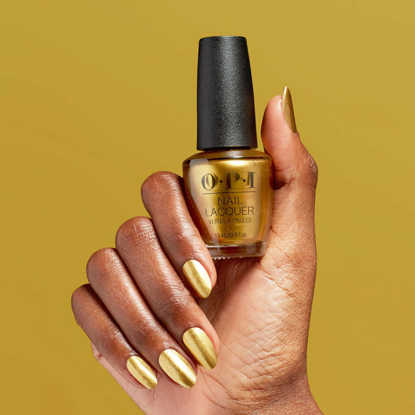 A vibrant and glittering gold shade with a shimmering metallic finish, gives a glamorous touch to your nails - OPI Metallic Mega Mix Metallic Rewind nail polish