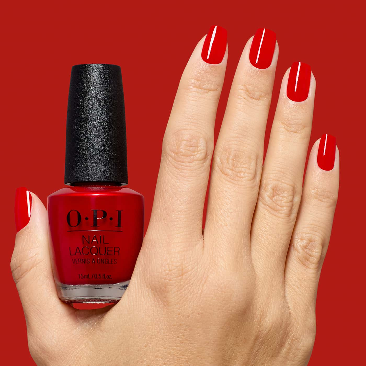 opi most requested vodka & caviar nail polish in vivid true red with creamy colour and a high-gloss finish on nails