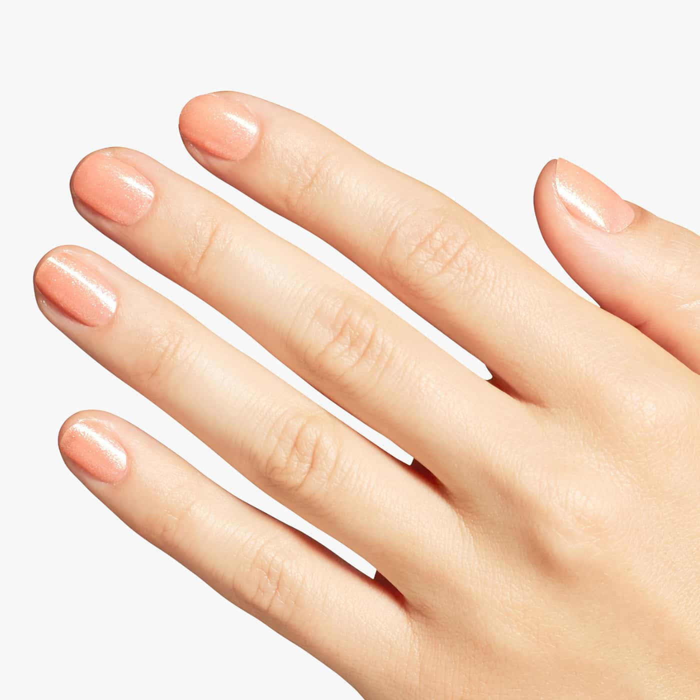 opi queens rule nail polish in a warm peach orange shade with delicate pearlescent shimmer creating a soft luminous and elegant look