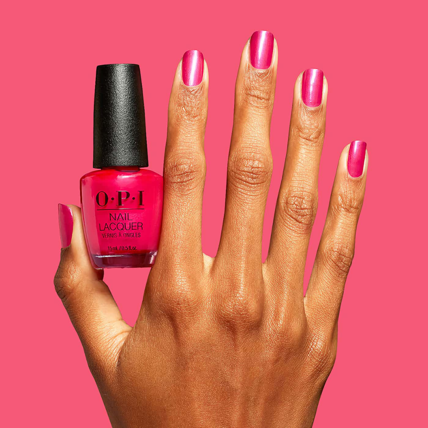 opi pompeii pink nail polish in a vibrant cerise pink shade with shimmering radiance creating a bold joyful and expressive look