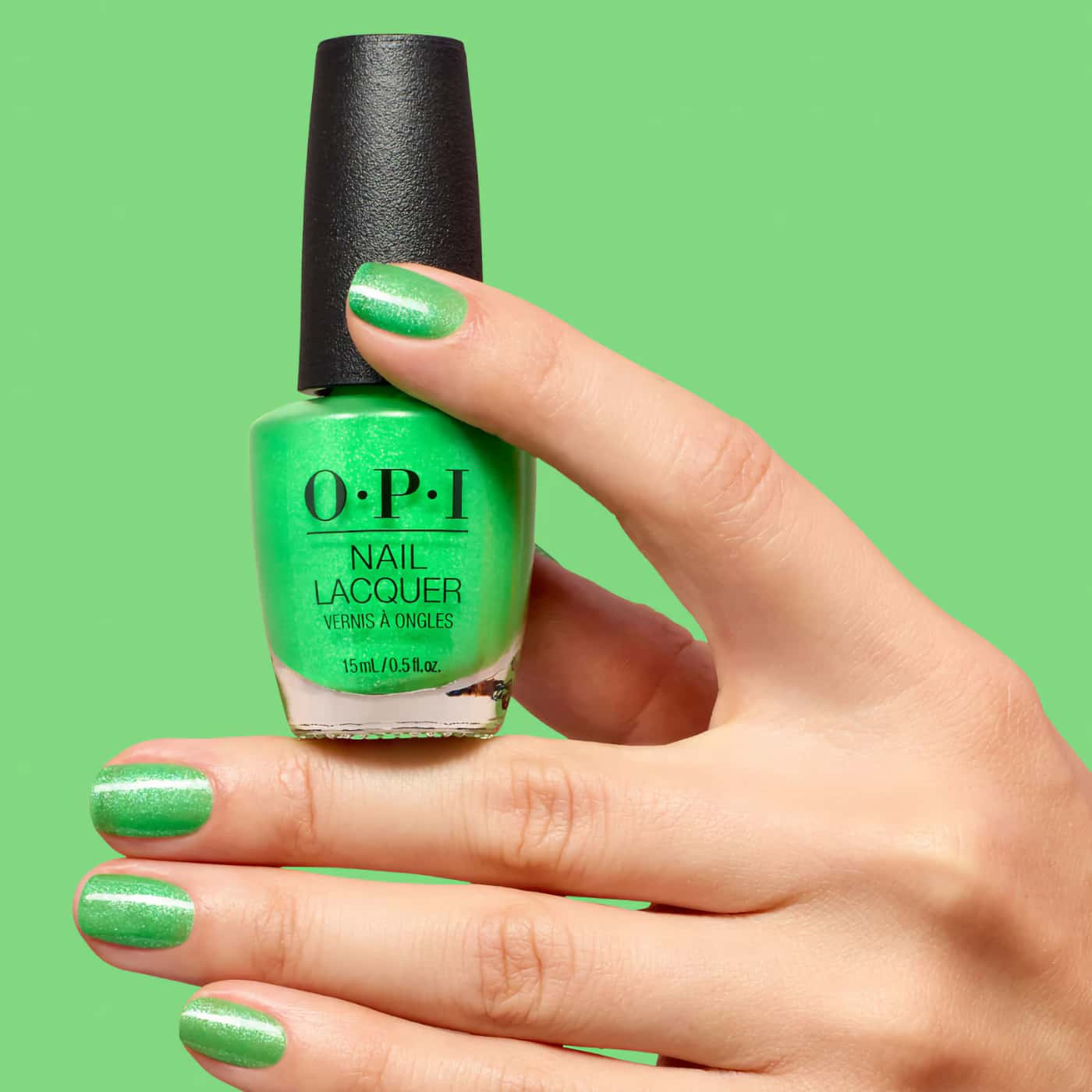 opi trip to the brite side lime of my life lime green nail polish with silver shimmer and vibrant glow