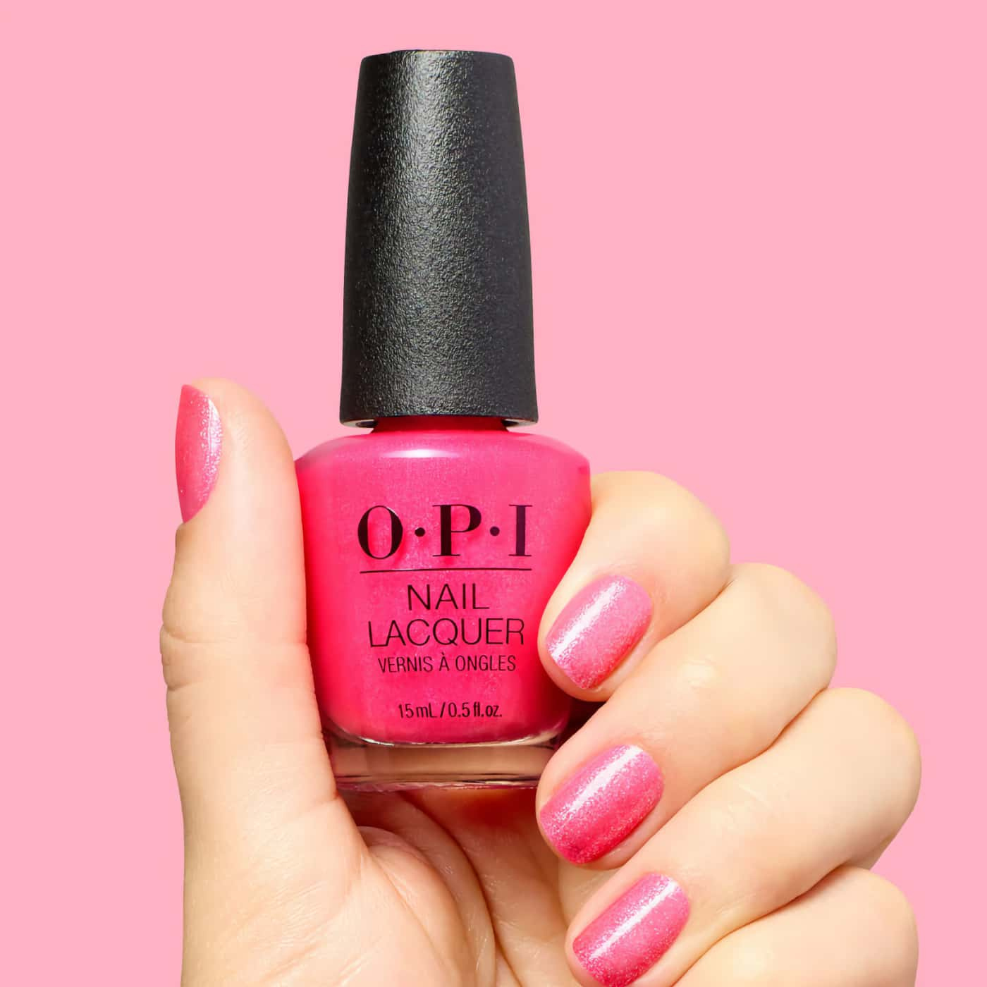 opi trip to the brite side dopa-mani neon pink nail polish with silver shimmer finish