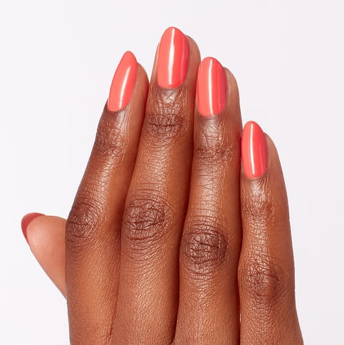 opi tokyo tempura-ture is rising warm coral-orange shade with soft undertone and creamy finish giving a fresh, lively look on the nail